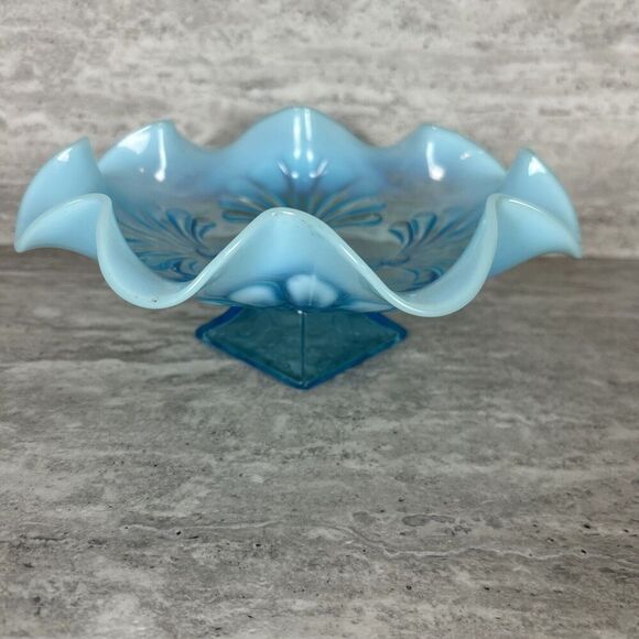 Northwood Blue Opalescent Ruffled Candy‎ Dish Shell Design Square Pedestal Base - Picture 11 of 16